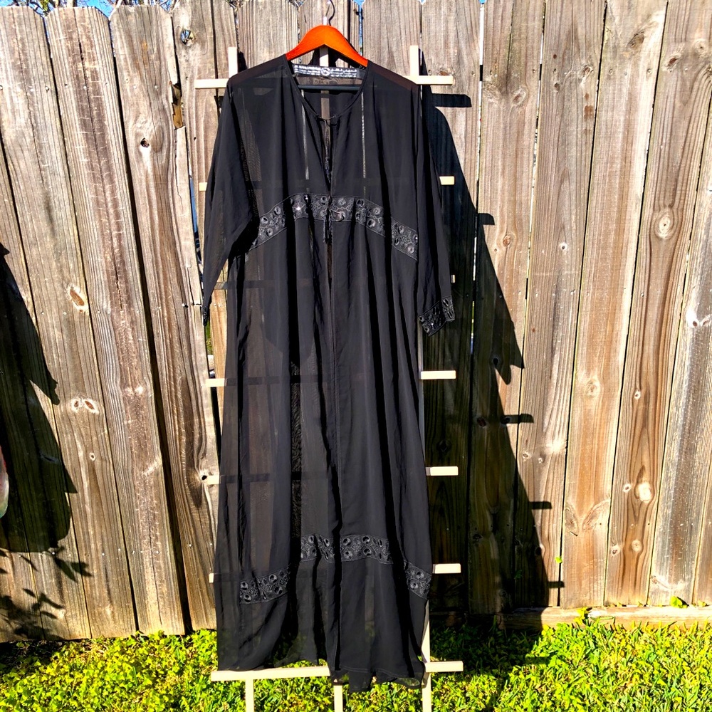 Abaya Black light weight Sheer Open Front Tie Front